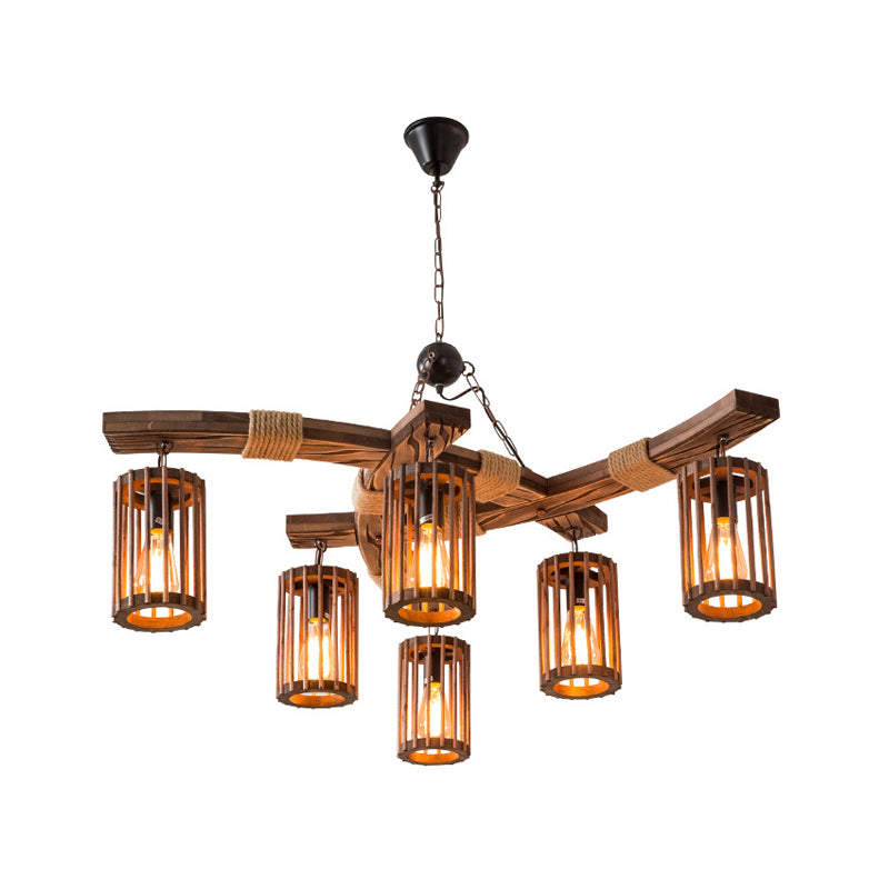 Wood Caged Hanging Chandelier Lodge 6-Bulb Dining Room Ceiling Pendant Light with Rope Detail in Black/Brown Clearhalo 'Carpenter Chandeliers' 'Ceiling Lights' 'Chandeliers' 'Industrial Chandeliers' 'Industrial' 'Middle Century Chandeliers' 'Modern' 'Tiffany' Lighting' 1917152