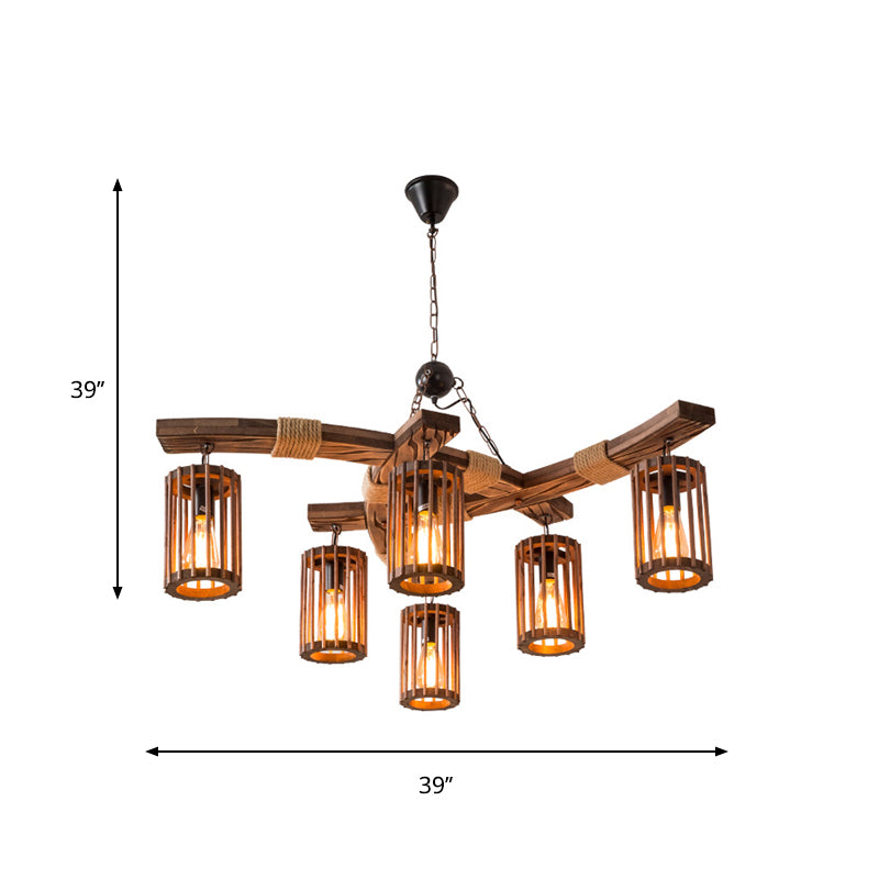 Wood Caged Hanging Chandelier Lodge 6-Bulb Dining Room Ceiling Pendant Light with Rope Detail in Black/Brown Clearhalo 'Carpenter Chandeliers' 'Ceiling Lights' 'Chandeliers' 'Industrial Chandeliers' 'Industrial' 'Middle Century Chandeliers' 'Modern' 'Tiffany' Lighting' 1917153