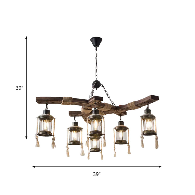 Wood Caged Hanging Chandelier Lodge 6-Bulb Dining Room Ceiling Pendant Light with Rope Detail in Black/Brown Clearhalo 'Carpenter Chandeliers' 'Ceiling Lights' 'Chandeliers' 'Industrial Chandeliers' 'Industrial' 'Middle Century Chandeliers' 'Modern' 'Tiffany' Lighting' 1917155