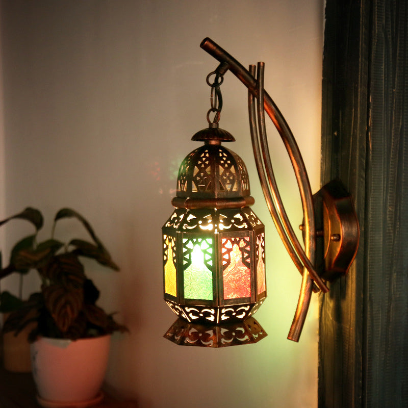 Moroccan Carved Lantern Wall Lamp 1 Bulb Stained Art Glass Wall Mounted Light Fixture in Copper Copper Clearhalo 'Art deco wall lights' 'Cast Iron' 'Glass' 'Industrial wall lights' 'Industrial' 'Middle century wall lights' 'Modern' 'Rustic wall lights' 'Tiffany' 'Traditional wall lights' 'Wall Lamps & Sconces' 'Wall Lights' Lighting' 1917184