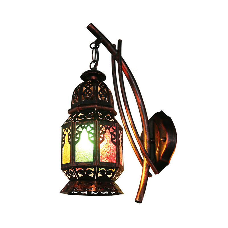 Moroccan Carved Lantern Wall Lamp 1 Bulb Stained Art Glass Wall Mounted Light Fixture in Copper Clearhalo 'Art deco wall lights' 'Cast Iron' 'Glass' 'Industrial wall lights' 'Industrial' 'Middle century wall lights' 'Modern' 'Rustic wall lights' 'Tiffany' 'Traditional wall lights' 'Wall Lamps & Sconces' 'Wall Lights' Lighting' 1917187
