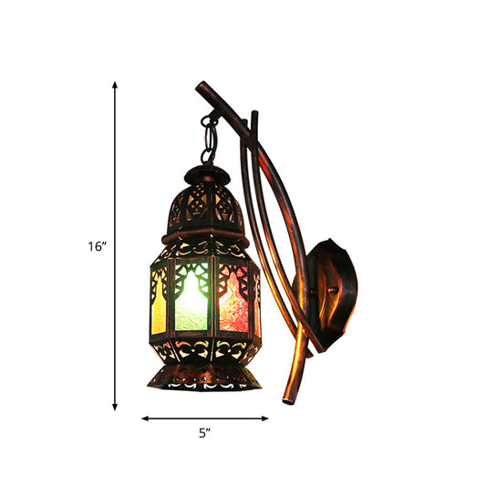 Moroccan Carved Lantern Wall Lamp 1 Bulb Stained Art Glass Wall Mounted Light Fixture in Copper Clearhalo 'Art deco wall lights' 'Cast Iron' 'Glass' 'Industrial wall lights' 'Industrial' 'Middle century wall lights' 'Modern' 'Rustic wall lights' 'Tiffany' 'Traditional wall lights' 'Wall Lamps & Sconces' 'Wall Lights' Lighting' 1917188