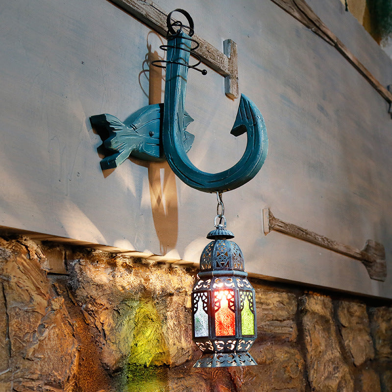 Wooden Blue Wall Hanging Light Censer Shaped 1-Light Turkish Wall Mount Lighting with Hook Arm and Fish Backplate Blue Clearhalo 'Industrial wall lights' 'Industrial' 'Middle century wall lights' 'Rustic wall lights' 'Tiffany' 'Wall Lamps & Sconces' 'Wall Lights' Lighting' 1917189
