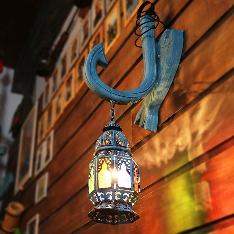 Wooden Blue Wall Hanging Light Censer Shaped 1-Light Turkish Wall Mount Lighting with Hook Arm and Fish Backplate Clearhalo 'Industrial wall lights' 'Industrial' 'Middle century wall lights' 'Rustic wall lights' 'Tiffany' 'Wall Lamps & Sconces' 'Wall Lights' Lighting' 1917190