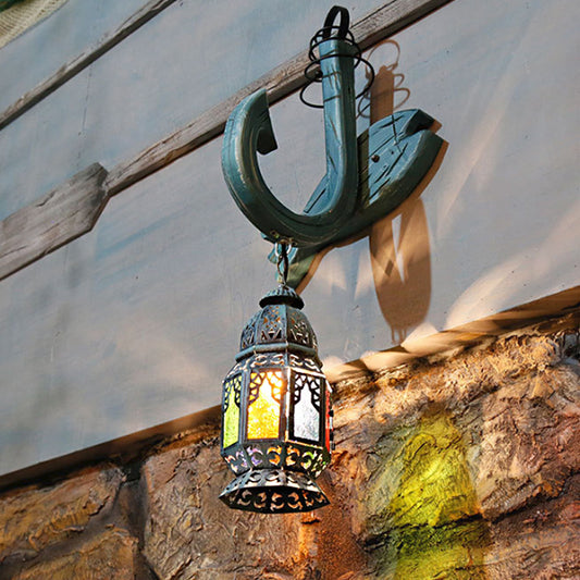 Wooden Blue Wall Hanging Light Censer Shaped 1-Light Turkish Wall Mount Lighting with Hook Arm and Fish Backplate Clearhalo 'Industrial wall lights' 'Industrial' 'Middle century wall lights' 'Rustic wall lights' 'Tiffany' 'Wall Lamps & Sconces' 'Wall Lights' Lighting' 1917191