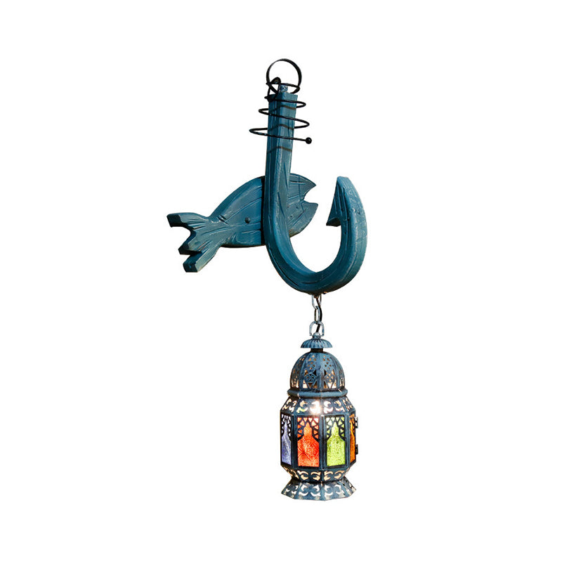 Wooden Blue Wall Hanging Light Censer Shaped 1-Light Turkish Wall Mount Lighting with Hook Arm and Fish Backplate Clearhalo 'Industrial wall lights' 'Industrial' 'Middle century wall lights' 'Rustic wall lights' 'Tiffany' 'Wall Lamps & Sconces' 'Wall Lights' Lighting' 1917192