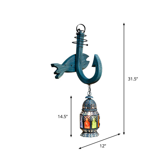 Wooden Blue Wall Hanging Light Censer Shaped 1-Light Turkish Wall Mount Lighting with Hook Arm and Fish Backplate Clearhalo 'Industrial wall lights' 'Industrial' 'Middle century wall lights' 'Rustic wall lights' 'Tiffany' 'Wall Lamps & Sconces' 'Wall Lights' Lighting' 1917193