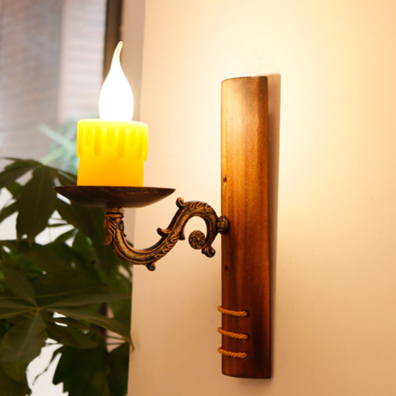 Brown Rectangular Wall Light Fixture Cottage Bamboo 1 Bulb Living Room Wall Mounted Lamp with Flameless Candle Clearhalo 'Industrial wall lights' 'Industrial' 'Middle century wall lights' 'Rustic wall lights' 'Tiffany' 'Wall Lamps & Sconces' 'Wall Lights' Lighting' 1917195