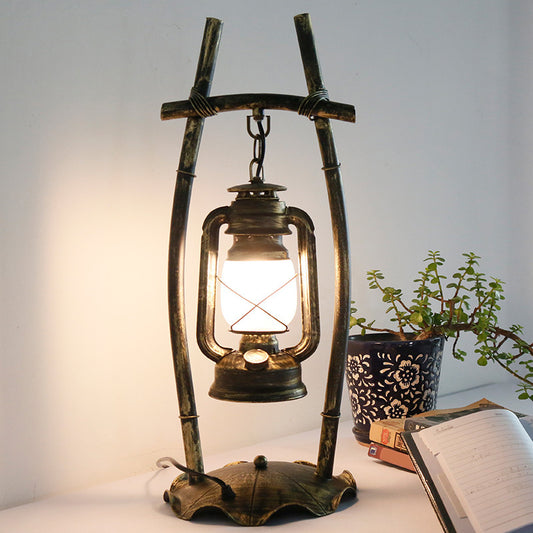Antiqued Brass Single Night Lamp Farmhouse Opal Glass Kerosene Table Light with Frame and Ruffled Base Clearhalo 'Lamps' 'Table Lamps' Lighting' 1917200