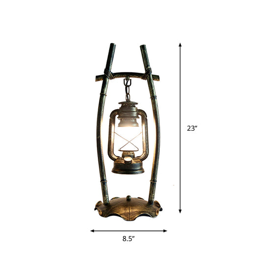 Antiqued Brass Single Night Lamp Farmhouse Opal Glass Kerosene Table Light with Frame and Ruffled Base Clearhalo 'Lamps' 'Table Lamps' Lighting' 1917203