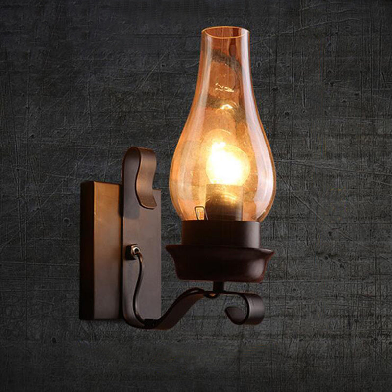 Loft Style Candle/Kerosene Wall Lamp 1 Bulb White/Brown Glass Wall Lighting with Scroll Arm in Black Clearhalo 'Art deco wall lights' 'Cast Iron' 'Glass' 'Industrial wall lights' 'Industrial' 'Middle century wall lights' 'Modern' 'Rustic wall lights' 'Tiffany' 'Traditional wall lights' 'Wall Lamps & Sconces' 'Wall Lights' Lighting' 1917214