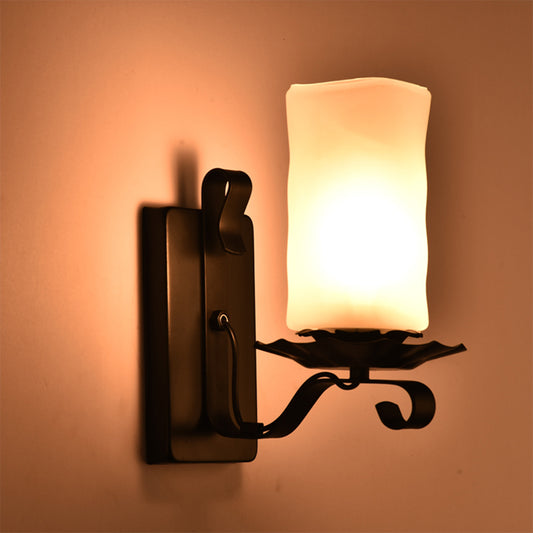 Loft Style Candle/Kerosene Wall Lamp 1 Bulb White/Brown Glass Wall Lighting with Scroll Arm in Black White Clearhalo 'Art deco wall lights' 'Cast Iron' 'Glass' 'Industrial wall lights' 'Industrial' 'Middle century wall lights' 'Modern' 'Rustic wall lights' 'Tiffany' 'Traditional wall lights' 'Wall Lamps & Sconces' 'Wall Lights' Lighting' 1917217