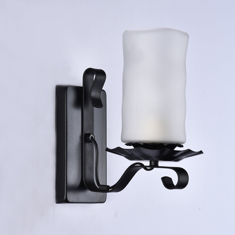 Loft Style Candle/Kerosene Wall Lamp 1 Bulb White/Brown Glass Wall Lighting with Scroll Arm in Black Clearhalo 'Art deco wall lights' 'Cast Iron' 'Glass' 'Industrial wall lights' 'Industrial' 'Middle century wall lights' 'Modern' 'Rustic wall lights' 'Tiffany' 'Traditional wall lights' 'Wall Lamps & Sconces' 'Wall Lights' Lighting' 1917218