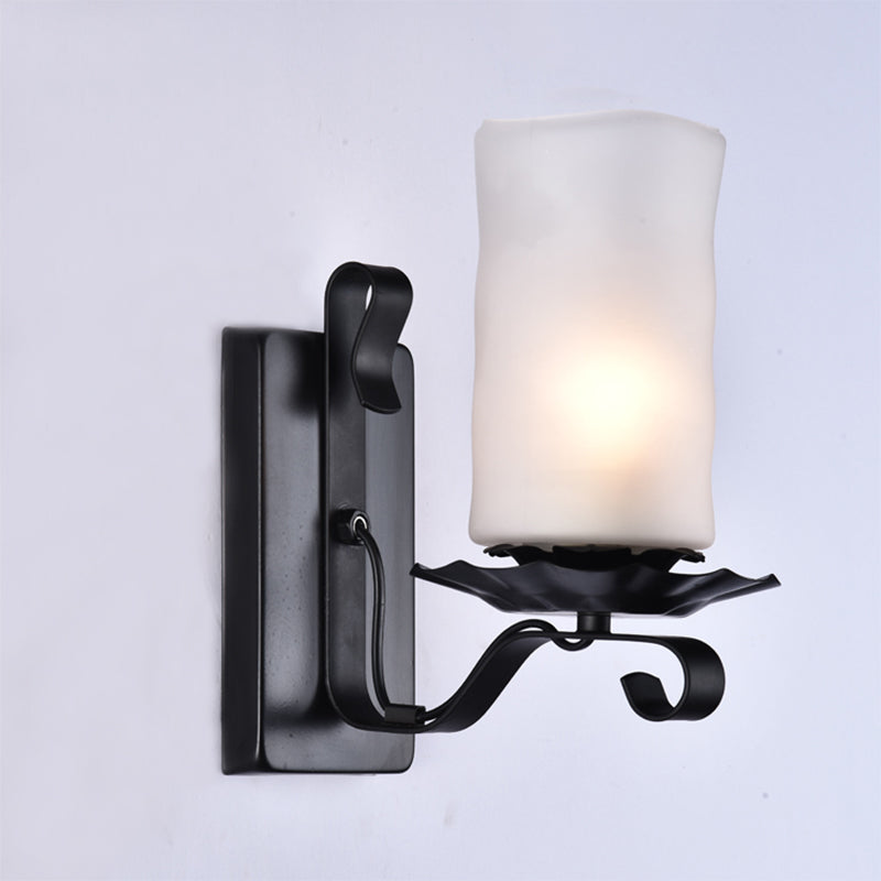 Loft Style Candle/Kerosene Wall Lamp 1 Bulb White/Brown Glass Wall Lighting with Scroll Arm in Black Clearhalo 'Art deco wall lights' 'Cast Iron' 'Glass' 'Industrial wall lights' 'Industrial' 'Middle century wall lights' 'Modern' 'Rustic wall lights' 'Tiffany' 'Traditional wall lights' 'Wall Lamps & Sconces' 'Wall Lights' Lighting' 1917219