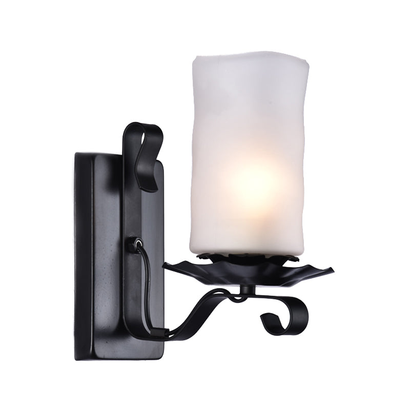 Loft Style Candle/Kerosene Wall Lamp 1 Bulb White/Brown Glass Wall Lighting with Scroll Arm in Black Clearhalo 'Art deco wall lights' 'Cast Iron' 'Glass' 'Industrial wall lights' 'Industrial' 'Middle century wall lights' 'Modern' 'Rustic wall lights' 'Tiffany' 'Traditional wall lights' 'Wall Lamps & Sconces' 'Wall Lights' Lighting' 1917220