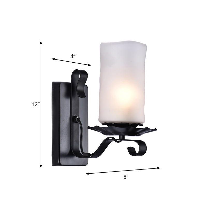 Loft Style Candle/Kerosene Wall Lamp 1 Bulb White/Brown Glass Wall Lighting with Scroll Arm in Black Clearhalo 'Art deco wall lights' 'Cast Iron' 'Glass' 'Industrial wall lights' 'Industrial' 'Middle century wall lights' 'Modern' 'Rustic wall lights' 'Tiffany' 'Traditional wall lights' 'Wall Lamps & Sconces' 'Wall Lights' Lighting' 1917221