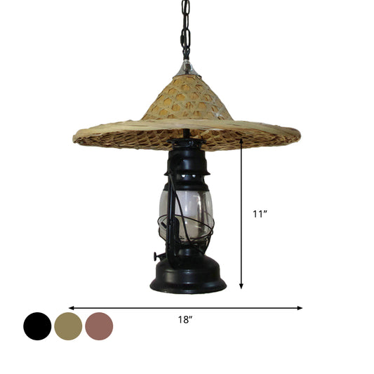 Black/Bronze/Copper Kerosene Pendant Rustic Clear Glass 1 Head Ceiling Hang Light with Coolie Hat Deco Clearhalo 'Art Deco Pendants' 'Black' 'Cast Iron' 'Ceiling Lights' 'Ceramic' 'Crystal' 'Industrial Pendants' 'Industrial' 'Metal' 'Middle Century Pendants' 'Pendant Lights' 'Pendants' 'Rustic Pendants' 'Tiffany' Lighting' 1917225