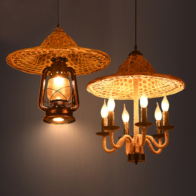 Candle Style Bistro Ceiling Chandelier Lodge Jute Rope 6/7 Bulbs Brown Hanging Lamp with Bamboo-Woven Hat Top Clearhalo 'Cast Iron' 'Ceiling Lights' 'Chandeliers' 'Industrial Chandeliers' 'Industrial' 'Metal' 'Middle Century Chandeliers' 'Rustic Chandeliers' 'Tiffany' Lighting' 1917230