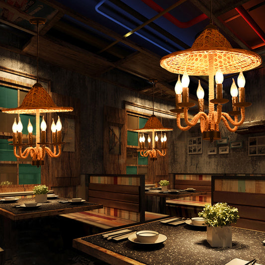 Candle Style Bistro Ceiling Chandelier Lodge Jute Rope 6/7 Bulbs Brown Hanging Lamp with Bamboo-Woven Hat Top 6 Brown Clearhalo 'Cast Iron' 'Ceiling Lights' 'Chandeliers' 'Industrial Chandeliers' 'Industrial' 'Metal' 'Middle Century Chandeliers' 'Rustic Chandeliers' 'Tiffany' Lighting' 1917231
