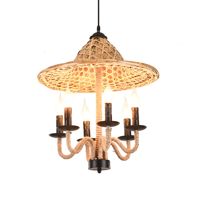 Candle Style Bistro Ceiling Chandelier Lodge Jute Rope 6/7 Bulbs Brown Hanging Lamp with Bamboo-Woven Hat Top Clearhalo 'Cast Iron' 'Ceiling Lights' 'Chandeliers' 'Industrial Chandeliers' 'Industrial' 'Metal' 'Middle Century Chandeliers' 'Rustic Chandeliers' 'Tiffany' Lighting' 1917233