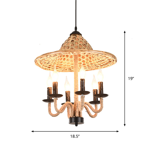 Candle Style Bistro Ceiling Chandelier Lodge Jute Rope 6/7 Bulbs Brown Hanging Lamp with Bamboo-Woven Hat Top Clearhalo 'Cast Iron' 'Ceiling Lights' 'Chandeliers' 'Industrial Chandeliers' 'Industrial' 'Metal' 'Middle Century Chandeliers' 'Rustic Chandeliers' 'Tiffany' Lighting' 1917234