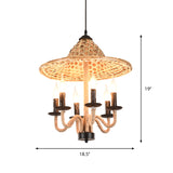 Candle Style Bistro Ceiling Chandelier Lodge Jute Rope 6/7 Bulbs Brown Hanging Lamp with Bamboo-Woven Hat Top Clearhalo 'Cast Iron' 'Ceiling Lights' 'Chandeliers' 'Industrial Chandeliers' 'Industrial' 'Metal' 'Middle Century Chandeliers' 'Rustic Chandeliers' 'Tiffany' Lighting' 1917234