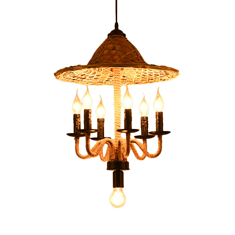 Candle Style Bistro Ceiling Chandelier Lodge Jute Rope 6/7 Bulbs Brown Hanging Lamp with Bamboo-Woven Hat Top 7 Brown Clearhalo 'Cast Iron' 'Ceiling Lights' 'Chandeliers' 'Industrial Chandeliers' 'Industrial' 'Metal' 'Middle Century Chandeliers' 'Rustic Chandeliers' 'Tiffany' Lighting' 1917235