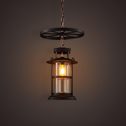 Cylindrical Cage Metal Pendant Lamp Industrial 1 Bulb Dining Room Ceiling Suspension Lamp with Wheel Decoration in Black Black Clearhalo 'Art Deco Pendants' 'Black' 'Cast Iron' 'Ceiling Lights' 'Ceramic' 'Crystal' 'Industrial Pendants' 'Industrial' 'Metal' 'Middle Century Pendants' 'Pendant Lights' 'Pendants' 'Rustic Pendants' 'Tiffany' Lighting' 1917237