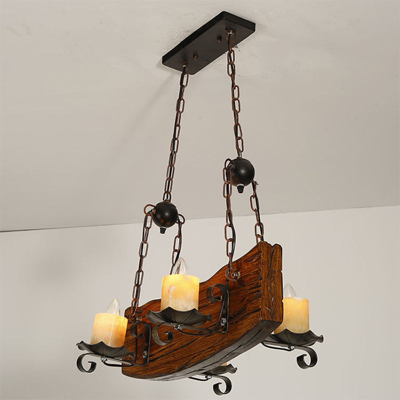 Rectangle Wood Board Island Lamp Rural 4 Bulbs Restaurant Down Lighting Pendant with Candle in Brown Clearhalo 'Ceiling Lights' 'Island Lights' Lighting' 1917244