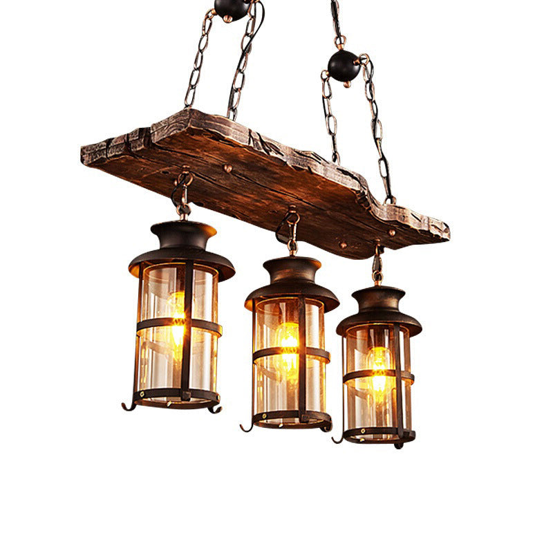 2/3-Bulb Clear Glass Island Pendant Light Farmhouse Brown Cylindrical Bistro Ceiling Hang Light with Wood Plank Top Clearhalo 'Ceiling Lights' 'Island Lights' Lighting' 1917252