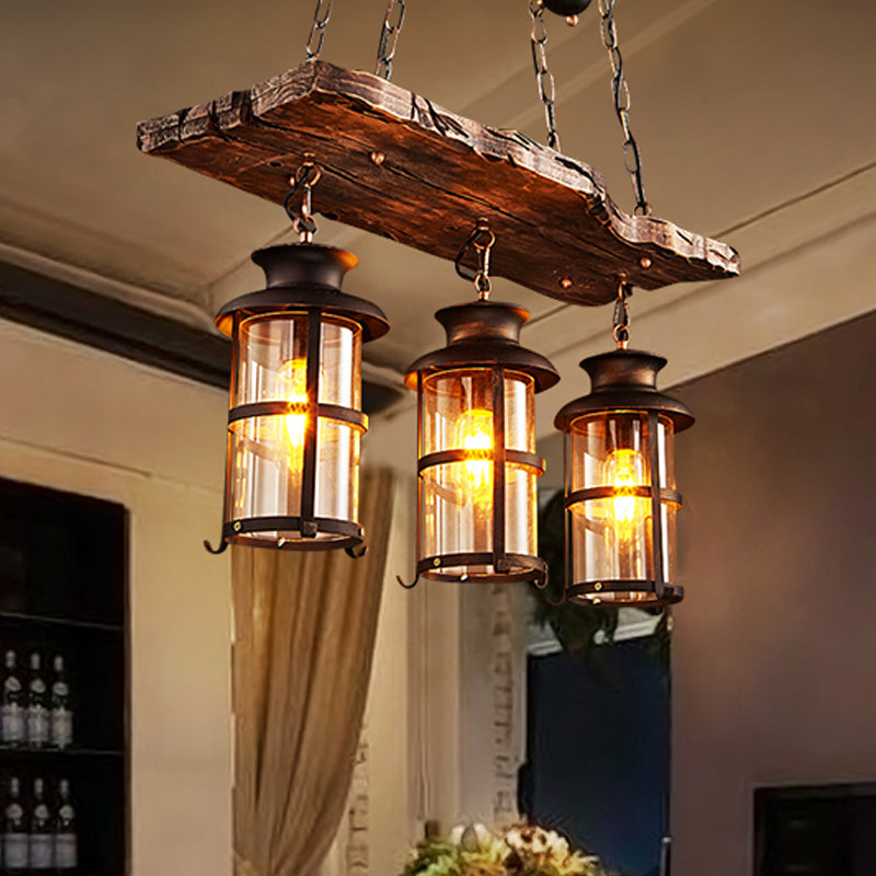 2/3-Bulb Clear Glass Island Pendant Light Farmhouse Brown Cylindrical Bistro Ceiling Hang Light with Wood Plank Top Clearhalo 'Ceiling Lights' 'Island Lights' Lighting' 1917254