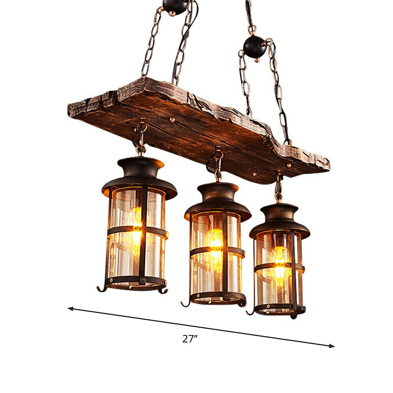 2/3-Bulb Clear Glass Island Pendant Light Farmhouse Brown Cylindrical Bistro Ceiling Hang Light with Wood Plank Top Clearhalo 'Ceiling Lights' 'Island Lights' Lighting' 1917255