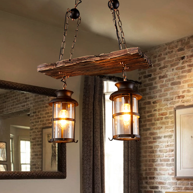 2/3-Bulb Clear Glass Island Pendant Light Farmhouse Brown Cylindrical Bistro Ceiling Hang Light with Wood Plank Top 2 Brown Clearhalo 'Ceiling Lights' 'Island Lights' Lighting' 1917256