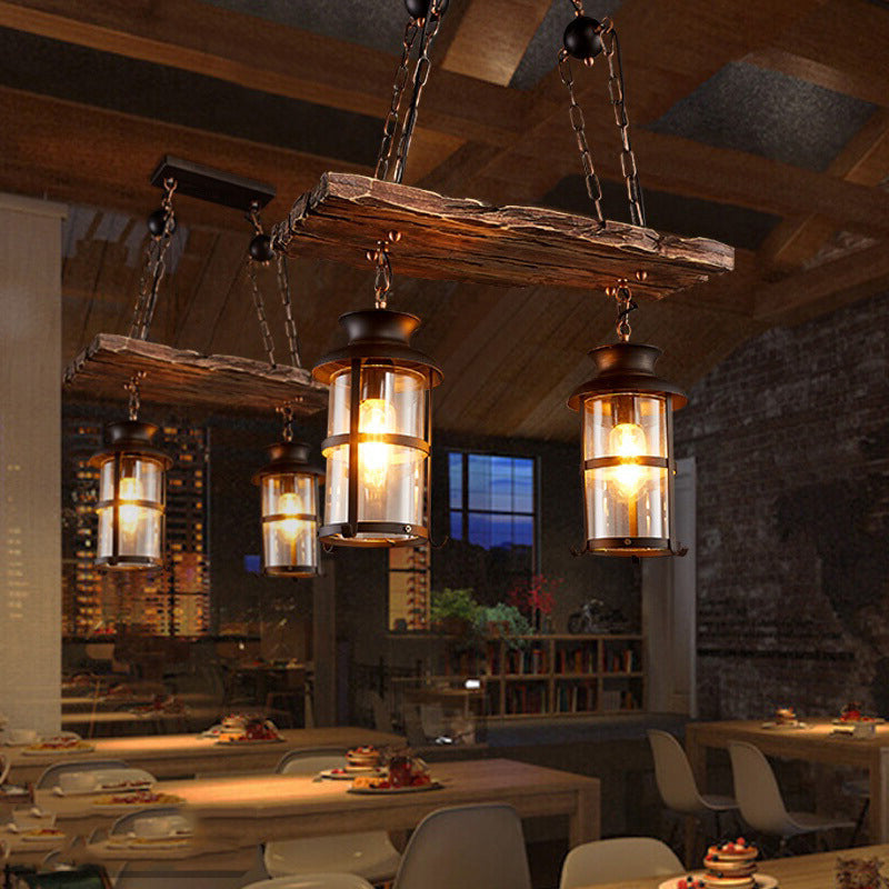 2/3-Bulb Clear Glass Island Pendant Light Farmhouse Brown Cylindrical Bistro Ceiling Hang Light with Wood Plank Top Clearhalo 'Ceiling Lights' 'Island Lights' Lighting' 1917257