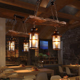 2/3-Bulb Clear Glass Island Pendant Light Farmhouse Brown Cylindrical Bistro Ceiling Hang Light with Wood Plank Top Clearhalo 'Ceiling Lights' 'Island Lights' Lighting' 1917257