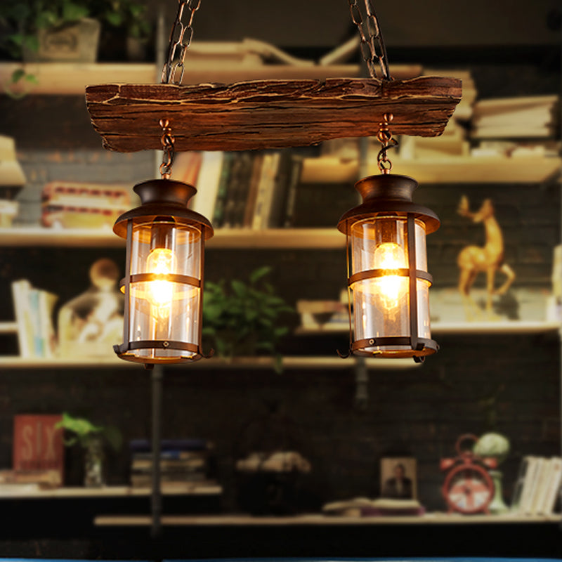 2/3-Bulb Clear Glass Island Pendant Light Farmhouse Brown Cylindrical Bistro Ceiling Hang Light with Wood Plank Top Clearhalo 'Ceiling Lights' 'Island Lights' Lighting' 1917258