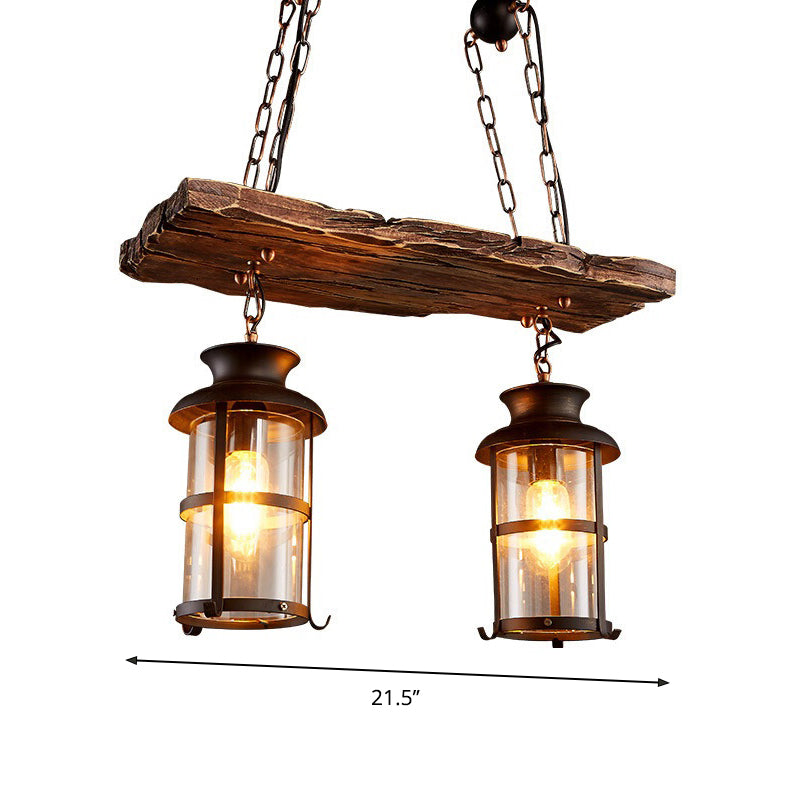 2/3-Bulb Clear Glass Island Pendant Light Farmhouse Brown Cylindrical Bistro Ceiling Hang Light with Wood Plank Top Clearhalo 'Ceiling Lights' 'Island Lights' Lighting' 1917260