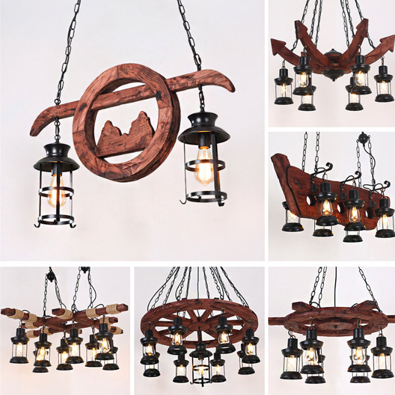 2/6/8 Lights Lantern Pendant Lamp Farmhouse Brown Clear Glass Island Light with Circle/Trapezoid/Crisscrossed Wood Arm Clearhalo 'Ceiling Lights' 'Island Lights' Lighting' 1917266