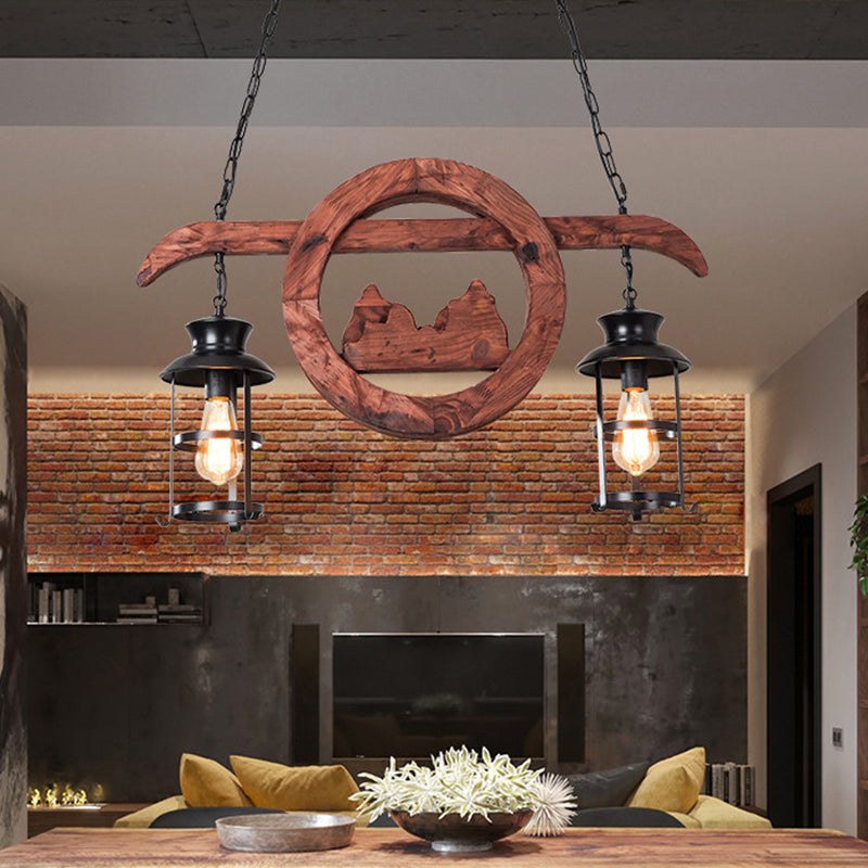 2/6/8 Lights Lantern Pendant Lamp Farmhouse Brown Clear Glass Island Light with Circle/Trapezoid/Crisscrossed Wood Arm 2 Brown Clearhalo 'Ceiling Lights' 'Island Lights' Lighting' 1917267