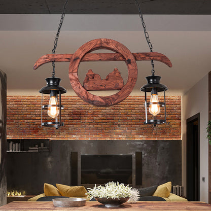 2/6/8 Lights Lantern Pendant Lamp Farmhouse Brown Clear Glass Island Light with Circle/Trapezoid/Crisscrossed Wood Arm 2 Brown Clearhalo 'Ceiling Lights' 'Island Lights' Lighting' 1917267