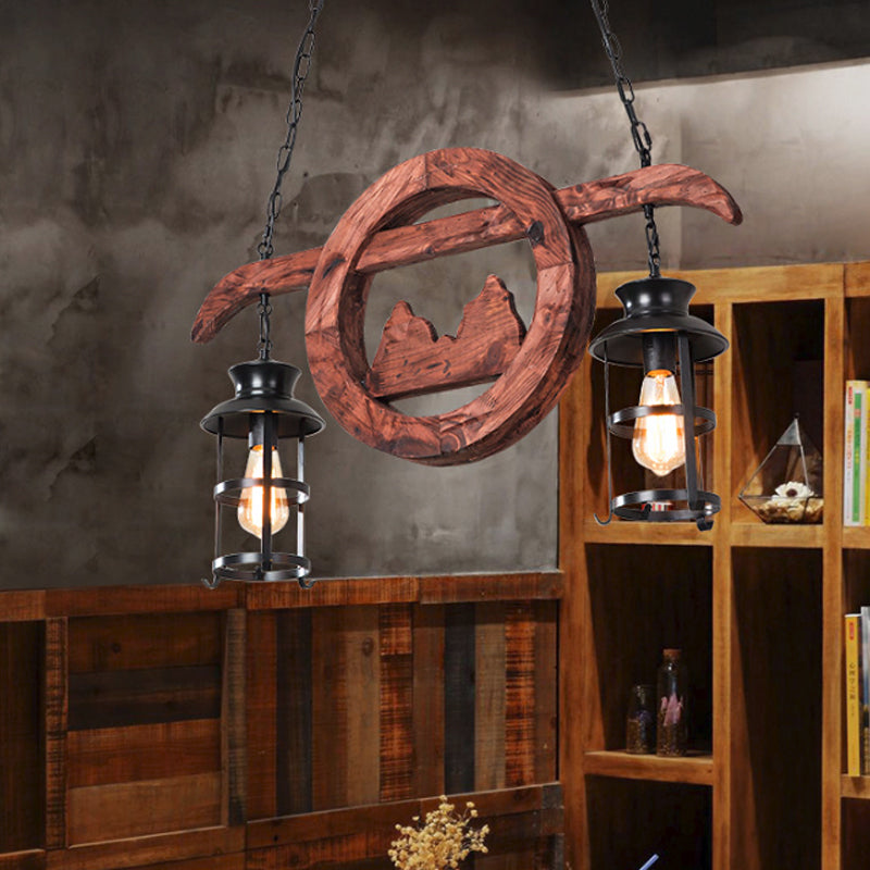 2/6/8 Lights Lantern Pendant Lamp Farmhouse Brown Clear Glass Island Light with Circle/Trapezoid/Crisscrossed Wood Arm Clearhalo 'Ceiling Lights' 'Island Lights' Lighting' 1917268