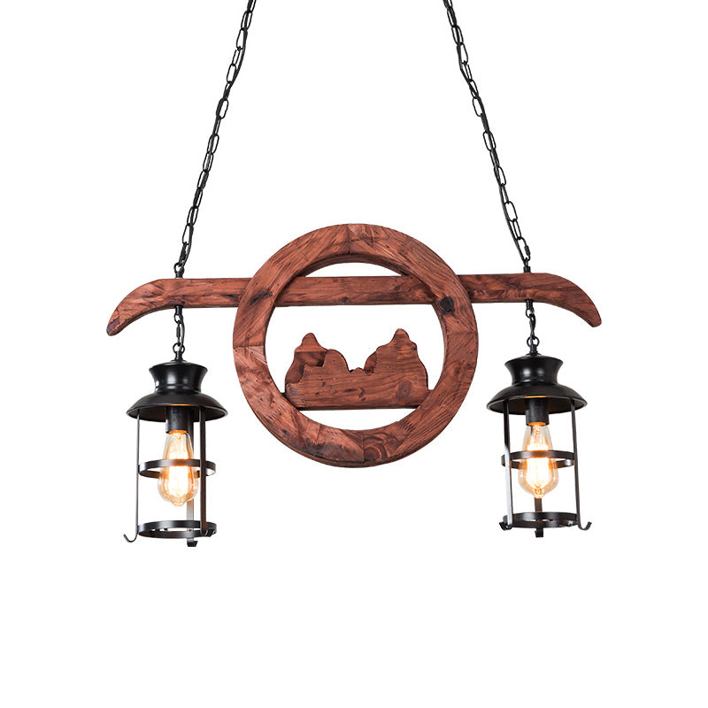 2/6/8 Lights Lantern Pendant Lamp Farmhouse Brown Clear Glass Island Light with Circle/Trapezoid/Crisscrossed Wood Arm Clearhalo 'Ceiling Lights' 'Island Lights' Lighting' 1917269