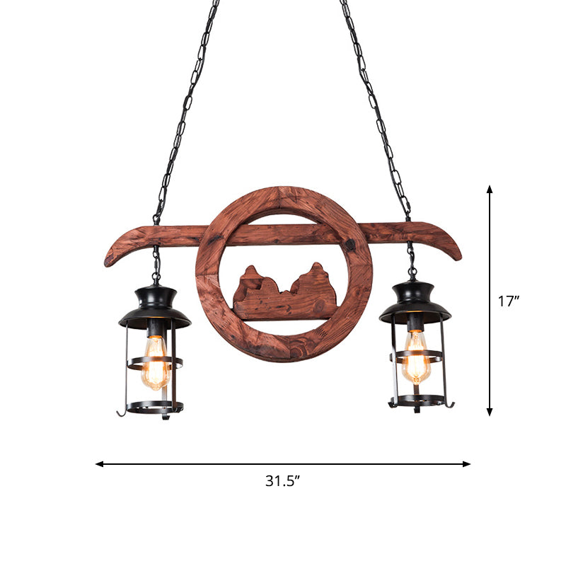 2/6/8 Lights Lantern Pendant Lamp Farmhouse Brown Clear Glass Island Light with Circle/Trapezoid/Crisscrossed Wood Arm Clearhalo 'Ceiling Lights' 'Island Lights' Lighting' 1917270