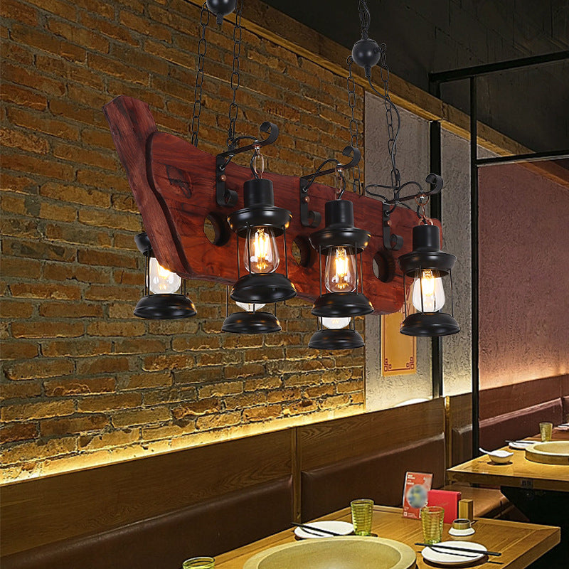 2/6/8 Lights Lantern Pendant Lamp Farmhouse Brown Clear Glass Island Light with Circle/Trapezoid/Crisscrossed Wood Arm 6 Brown Clearhalo 'Ceiling Lights' 'Island Lights' Lighting' 1917271