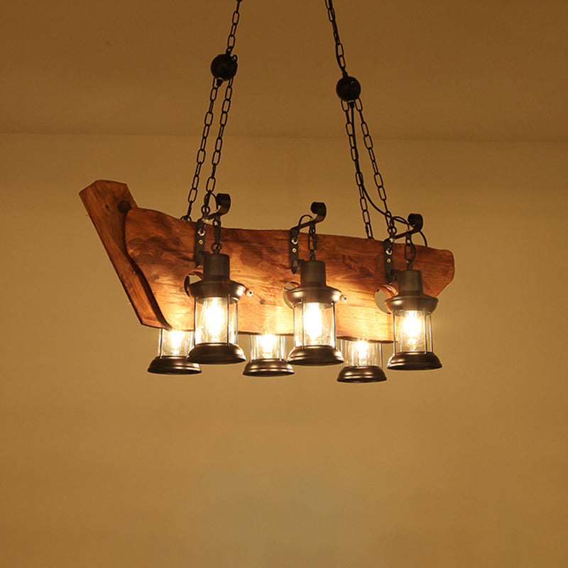 2/6/8 Lights Lantern Pendant Lamp Farmhouse Brown Clear Glass Island Light with Circle/Trapezoid/Crisscrossed Wood Arm Clearhalo 'Ceiling Lights' 'Island Lights' Lighting' 1917272
