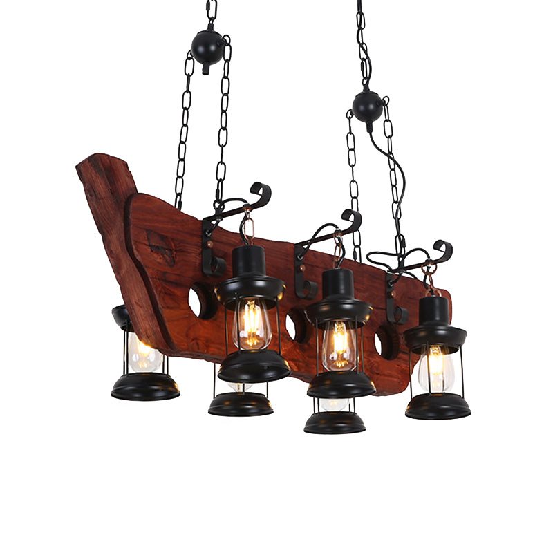 2/6/8 Lights Lantern Pendant Lamp Farmhouse Brown Clear Glass Island Light with Circle/Trapezoid/Crisscrossed Wood Arm Clearhalo 'Ceiling Lights' 'Island Lights' Lighting' 1917273