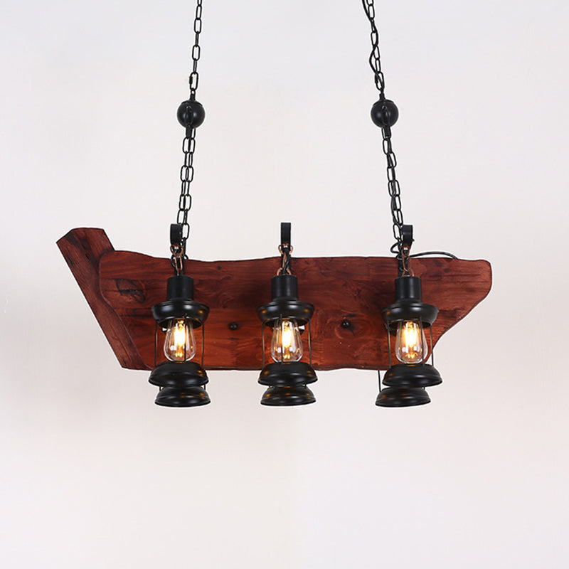 2/6/8 Lights Lantern Pendant Lamp Farmhouse Brown Clear Glass Island Light with Circle/Trapezoid/Crisscrossed Wood Arm Clearhalo 'Ceiling Lights' 'Island Lights' Lighting' 1917274
