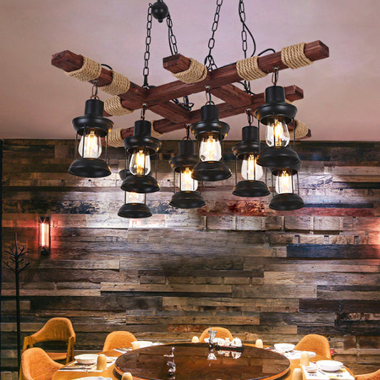 2/6/8 Lights Lantern Pendant Lamp Farmhouse Brown Clear Glass Island Light with Circle/Trapezoid/Crisscrossed Wood Arm 8 Brown Clearhalo 'Ceiling Lights' 'Island Lights' Lighting' 1917276
