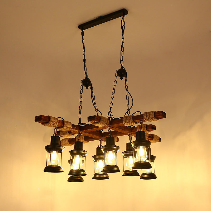 2/6/8 Lights Lantern Pendant Lamp Farmhouse Brown Clear Glass Island Light with Circle/Trapezoid/Crisscrossed Wood Arm Clearhalo 'Ceiling Lights' 'Island Lights' Lighting' 1917277