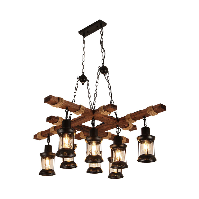 2/6/8 Lights Lantern Pendant Lamp Farmhouse Brown Clear Glass Island Light with Circle/Trapezoid/Crisscrossed Wood Arm Clearhalo 'Ceiling Lights' 'Island Lights' Lighting' 1917278